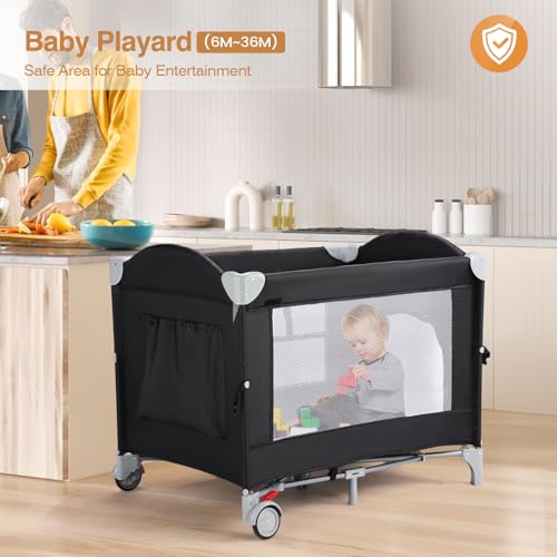 Image of JOYMOR 4 in 1 Pack and Play, Baby Bedside Bassinet, Sturdy Play Yard with Padded Mat and Music Bar with Soft Animals