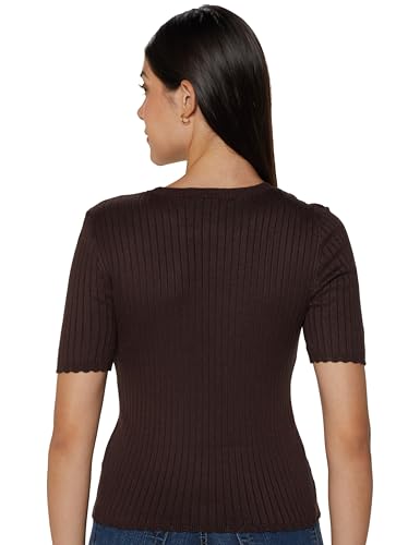 Image of Gap Women Solid Fitted Short Sleeves Round Neck Blouse
