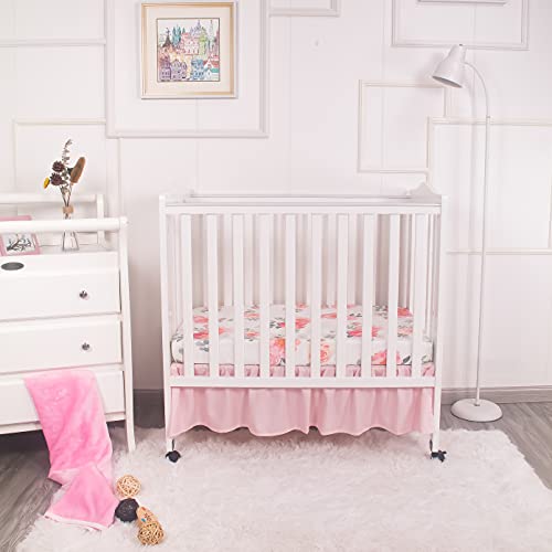 Image of La Premura Mini Crib Bedding Set for Girls, Watercolor Floral Baby Nursery Portable Crib Set, 3 Piece, Pastel Pink