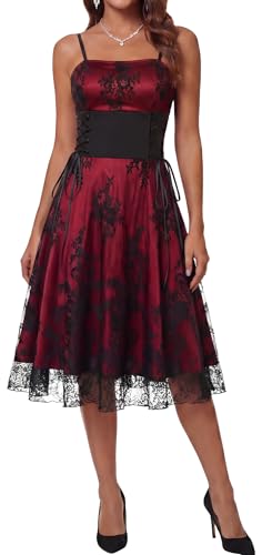 FEOYA Gothic Dresses for Women Spaghetti Straps Floral Lace Dress Vintage Day of Dead Dresses Vampire Ruffled Hem Corset Dress Steampunk Costumes Red XXL