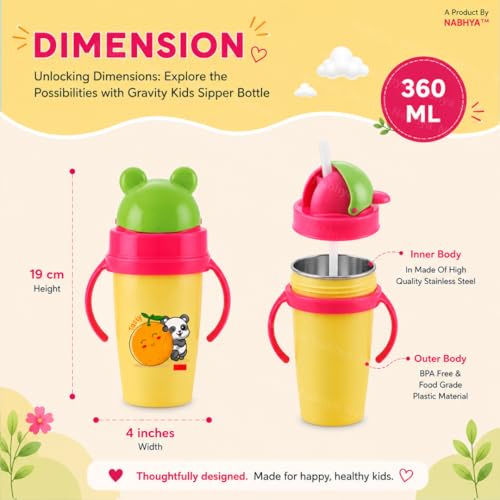 Image of Nabhya Inner Stainless Steel & Outer Plastic 360ml BPA-Free Cute Animal Design Baby Sipper Kids Water Bottle with Straw and Side Handle for Kids (Pink)