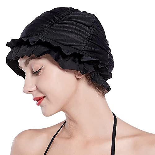 IBLUELOVER Women Pleated Swimming Cap Long Hair Swim Cap Vintage Floral Turban Bath Cap Mob Hat Ear Protection Elastic Shower Cap Soft Chemo Sleep Hat For Long Short Hair Weaves Curls Afros - Image 4