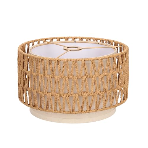 Boho Rattan Lamp Shade 12.6 Top x 12.6 Bottom x 7.68 High Natural Rattan & Linen Double Layer Lamp Shades for Floor Lamps Table Lamps Chandelier UNO Fitter Lampshade Replacement Easy Assembly
