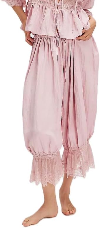 KOSUSANILL Women Long Bloomer Pants Lace Trim Ruffle Pantaloons Cropped Lounge Pajama Bottoms Y2K Capri Pettipants