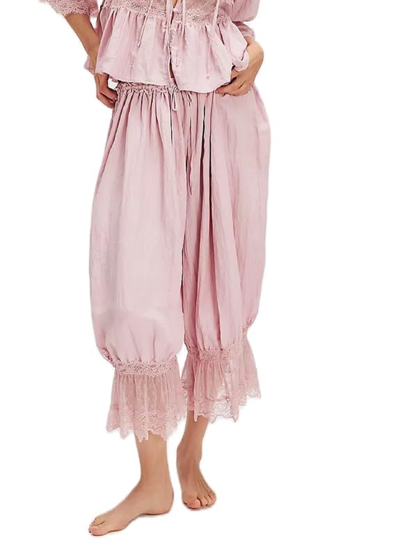 Image of KOSUSANILL Women Long Bloomer Pants Lace Trim Ruffle Pantaloons Cropped Lounge Pajama Bottoms Y2K Capri Pettipants