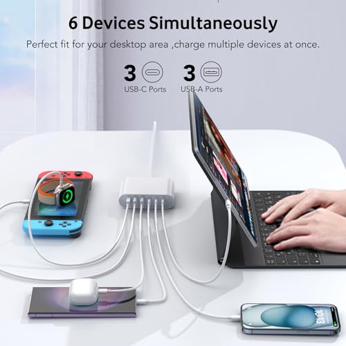 Image of 100W USB C Charger, 6 Port Charging Station for Apple Type C Fast Wall Charger USB Cable Block Compact Hub Adapter Plug Cube Brick for iPhone 15 /14 /13,Pro,iPad,AirPods4,Samsung Galaxy Ultra2 Watch10