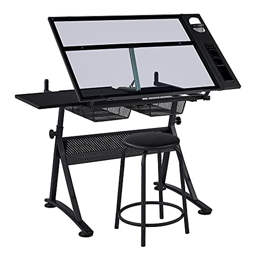 Yaheetech Mesa de Dibujo Reclinable con Taburete Mesa Inclinable Altura Ajustable con Bandeja de Cristal y 2 Cajones para Casa, Oficina, Escuela 141 × 60 × 91 cm