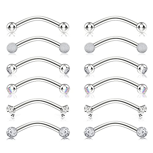 Hywean 12PCS Piercing Sourcil Arcade 16G Acier Chirurgical Curved Barbell Rook Anneaux Helix Cartilage Tragus Oreille Banane Boule CZ-Noir