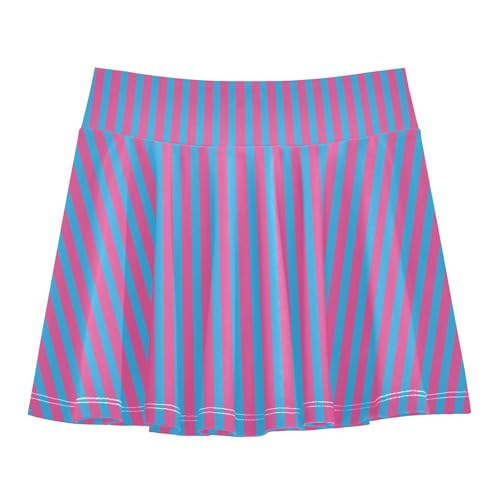 Blue Pink Stripes Girls Athletic Skorts Flowy Golf Tennis Skirts with Shorts & Pocket