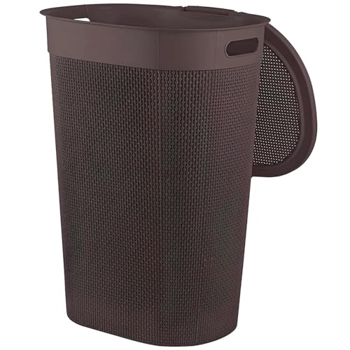 Image of KITCHIVO Plastic Large 55 Ltr Laundry Basket with Lid & Handle | Multipurpose Hamper Bins Storing Washable Clothes, Blankets | Household Ideal for Home & Bathroom (Woods Beige Laundry Basket)