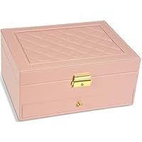 Unimoly 2-Layer Jewelry Box for women, jewelry organizers and storage with Removable Jewelry Tray, vintage quilted top Lockable Jewelry Holder Gift Idea Pink