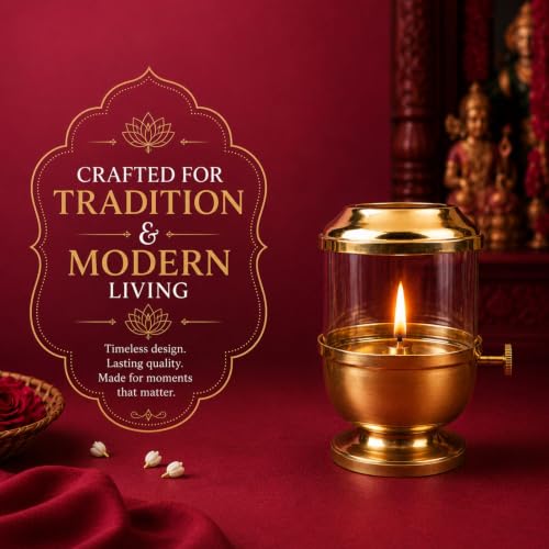 Image of Klassic 6 Inch Pure Brass Akhand Jyoti Diya with Glass Cover & Adjustable Bati Knob | Traditional Oil Lamp with Wick Lifting Screw Lever for Home Temple, Pooja Room, Diwali, Navratri & Daily Puja