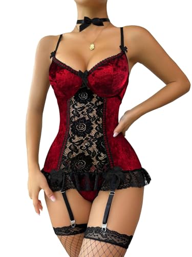 Lilosy Sexy lingerie for women corset Push Up Teddy Floral Lace Lingerie Set with Garter Belt Panty Women Ruffle Boudoir Outfit Mesh Sheer Bodysuit See Through 3 Piece Red Velvet M