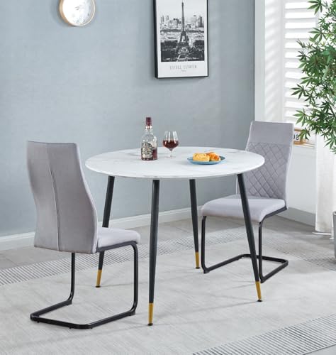 Mesa de comedor redonda pequeña efecto mármol blanco con 2 sillas grises 2