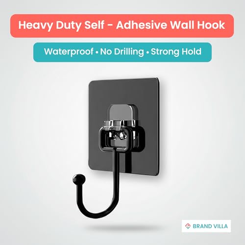 Image of BRAND VILLA Black Adhesive Wall Hooks Pack of 10 - Heavy Duty No Drill Sticky Hooks for Bathroom, Kitchen & Door - Waterproof Stainless Steel Towel & Coat Holder - Strong Self Adhesive Hooks