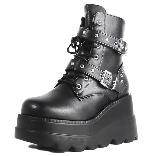 Image of Gothniero Platform Goth Ankle Boots for Womem Black Holographic Combat Chunky Heel Boots with Side Zip Lace Up Wedge Booties US5.5-11