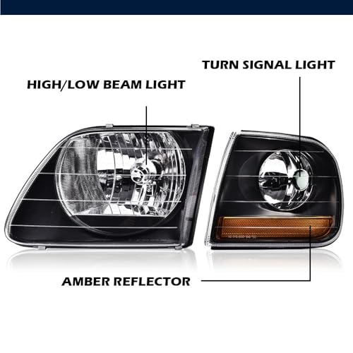 Image of GRAND ORANGE Headlight Assembly & Parking Lights Compatible with Ford F150 1997-2003 /Fit Ford F250 97-99 /Fit Ford Expedition 97-02 Clear Black Amber
