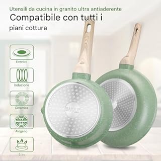 BAKAJI Batteria di Pentole e Padelle 21 Pezzi a Induzione e Gas, Set Adatto a Tutti i Piani Cottura, Antiaderente in Alluminio Pressofuso ed Effetto in Granito con Coperchio e Accessori (Verde)