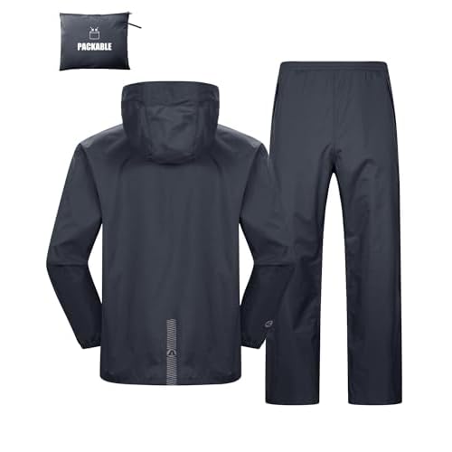 Outdoor Ventures Men’s Packable Rain Suit Lightweight Rainwear Waterproof Jacket and Trouser Set for Riding Hiking Fishing Camping Dark Gray-Unlined S