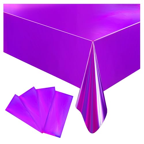 Image of 4 Pack Plastic Tablecloths Disposable Tablet Cover Purple 54 x 108 In | Foil Glitter Table Cloth for Rectangle Tables Indoor / Outdoor Party Decorations Birthday Princess Bridal Wedding Christmas