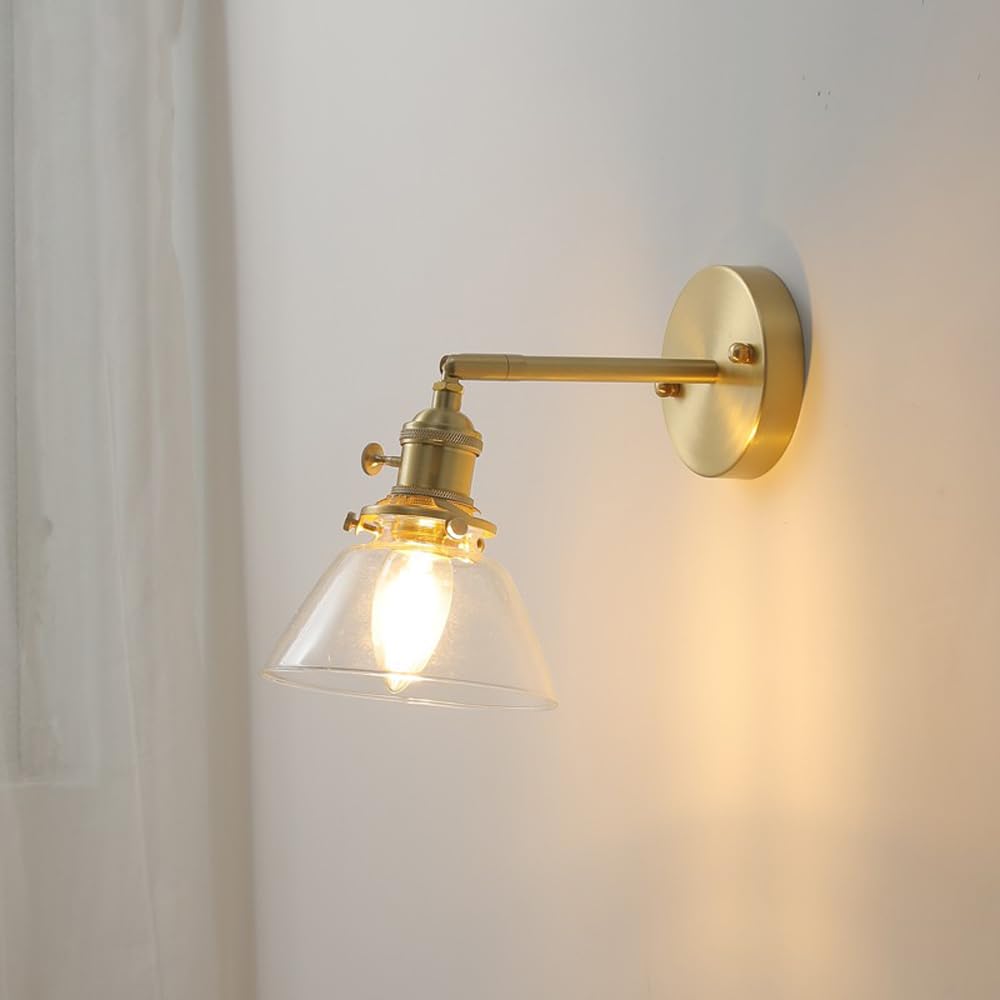 Applique da Parete Moderna in Ottone Spazzolato, Lampada da Parete retrò Regolabile con Interruttore Rotante, Paralume in Vetro, Lampada da Parete in Rame Industriale Vintage E27, apparecchio di