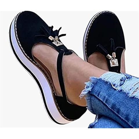 2022 Sandals for Women Platform Tassel Leather Sandal Closed Toe Buckle Shoes Ankle Strap Heeled Vintage Beach Espadrilles Sandals,Black,38 Cover