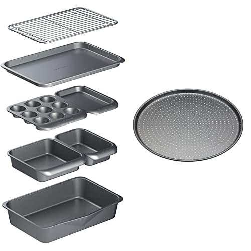 Image of MasterClass Smart Space Stacking Non-Stick Bakeware Set, 7 Piece Baking Trays, Gift Boxed & KCMCCB14 Crusty Bake Perforated Pizza Tray with PFOA Non Stick, Robust 1 mm Carbon Steel, 32 cm, Grey