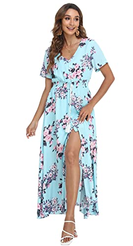Image of VintageClothing Women's Floral Maxi Dresses Boho Button Up Split Summer Casual Long Dress Beach Party Dress