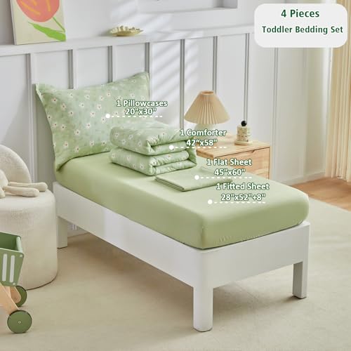 Image of DuShow Green Floral Toddler Bedding Set,4 Pieces Toddler Crib Bed Sheet Set for Girls and Boys,Soft Toddler Comforter Set Includes Comforter,Flat Sheet,Fitted Sheet,Pillowcase