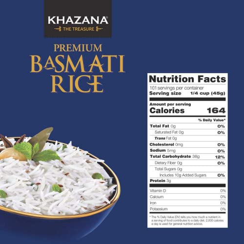 Khazana Authentic Premium Basmati Rice - 10Lb Resealable Zipper Bag | Non-Gmo, Gluten-Free, Kosher & Cholesterol-Free | Aromatic & Flavorful Grain From India #TOP2