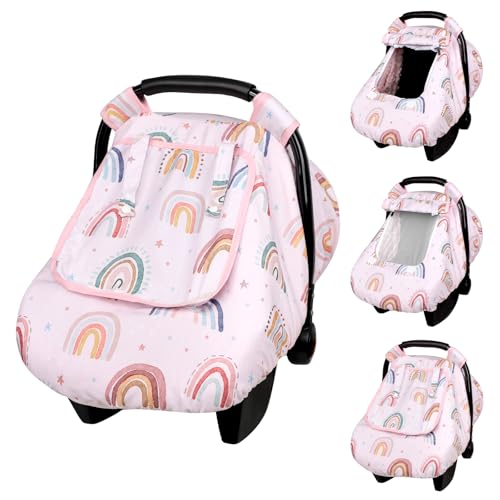 Image of CARUILI Car Seat Cover Baby Girl, Warm Winter Carseat Cover for Baby, Kick-Proof Infant Car Seat Cover with Peep Window, Windproof & Cozy, Pink Rainbow