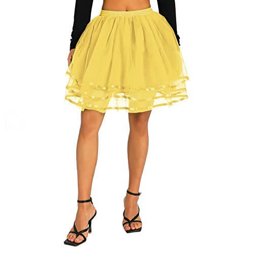 Awoscut Women Girls Mesh Tutu Tulle Skirts with Elastic Wide Waist, Solid Color Multi-Layer Structure Summer Dancer Skirts4