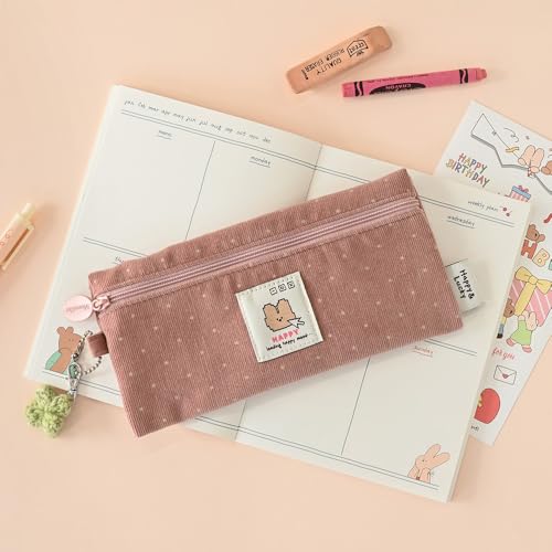 Image of Monolike Happy and Lucky Candy Dot pen case, Pink - Slim Corduroy Style Cotton Pen Pouch, Cute Aesthetic Pastel Stationery Organizer for Office