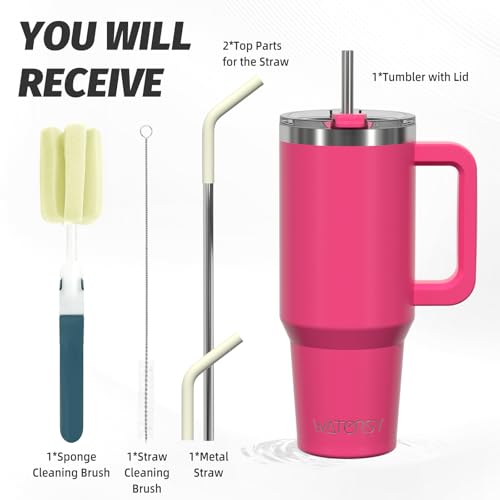 Image of 40 oz Tumbler with Handle,Tumbler with Lid and Straw,Double Wall Insulated Cup Stainless Steel Travel Mug(Cold for 34 Hours),Water Bottle for Iced Tea,Coffee,Cold Beverages(Gloss Pink)