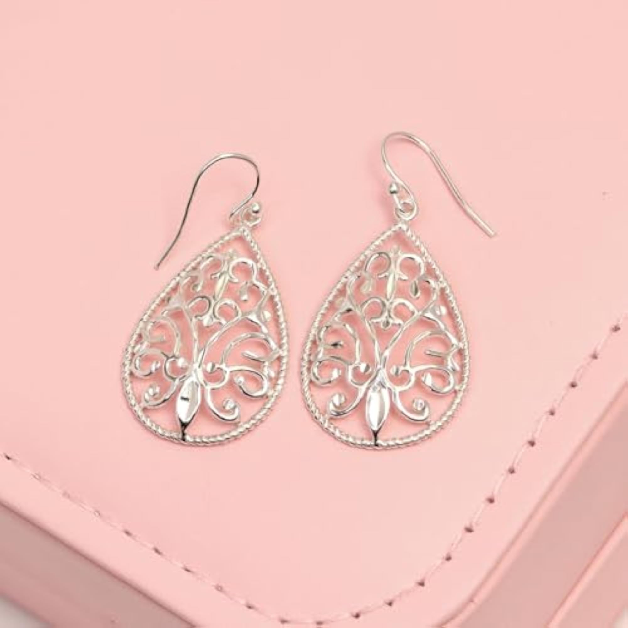 925 Sterling Silver Teardrop Dangle Earrings, Floral Filigree