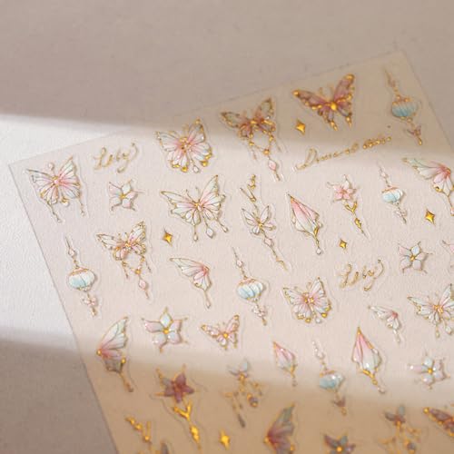 Image of Butterfly Nail Art Stickers Flower Nails Decals with Gold Design Pink Floral Nail Sticker for Nails Art 5D Embossed Self Adhesive Nails Charms for Women Girls Manicure DIY Decoration