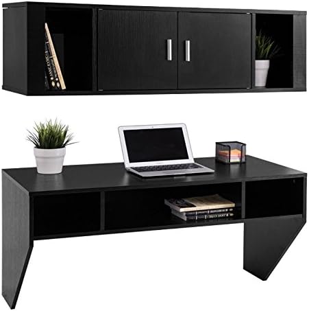 Wall Mounted Floating Storage Cabinet Computer Table Hanging Desk Hutch Set Laptop Notebook Study Writing Reading Spacious Desk Home Office Bedroom Living Room Furniture Décor Large Storage Space