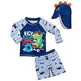 Baby Toddler Boys Two Pieces Swimsuit Set Swimwear Dinosaur Bathing Suit Rash Guards with Hat UPF 50+ (4-5 Years, Navy Dinosaur)