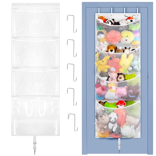 Image of Woodoulogy Hanging Stuffed Animal Storage, Over Door Large Plush Toy Organizer with Metal Hook, Baby Accessory Holder Idea for Nursery, Doll & Bear Mesh Hammock Bag for Girl Boy Kid Room