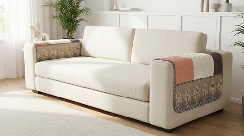 Image of Velvet Sofa Arm Cover Set of 2 Pcs | Anti Skid Anti Slip | Printed Brown | Washable Armrest Protector
