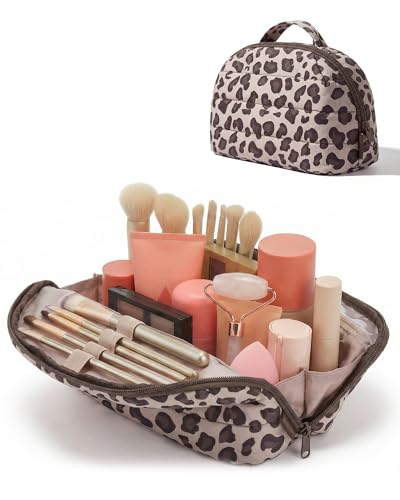 Image of BAGSMART Travel Makeup Bag for Women, Portable Cosmetic Case, Leopard Print | Fold-down for easy access. Removable divider for smart organization. Puffy padded & water-resistant for toiletries