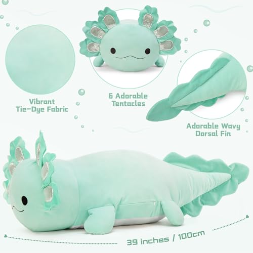 Image of BENINY Large Axolotl Plush Toy, 39 inch Giant Mint Axolotl Stuffed Animal Plush, Big Huggable Toys Gift for Girls Kids, Long Squishy Pillow for Holiday Birthday Christmas