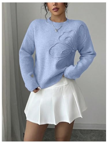 Image of RoseSeek Women's 3D Floral Appliques Crewneck Sweaters Long Sleeve Drop Shoulder Pullovers Elegant Knit Tops