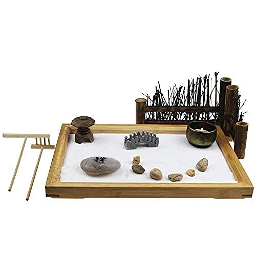 ZEN&TAO Japanese Zen Garden, 28x19x2.8cm Large Size Bamboo Tray, Office Desk Accessories, for Meditation and Gift Idea.
