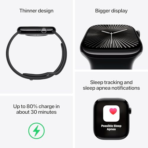 Image of Apple Watch Series 10 [GPS, 42mm] - Jet Black Aluminum Case with Black Sport Band, S /M (Renewed)