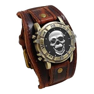 JewelryWe Black Brown Hip-hop Gothic Punk Style Men Watch Wide Leather Fashion Cuff Wristwatch for Halloween