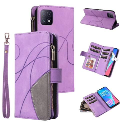 Funda para OPPO A72/A73 5G/A92S/Reno4 Z, Estilo Retro, con Cremallera, Piel sintética, Suave, Cierre magnético, 9 Tarjetero, función Atril, Cartera con Correa, Púrpura