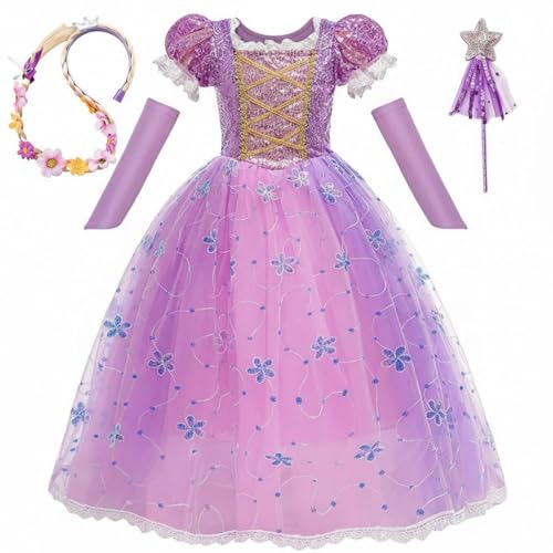 COLOR PRINCE Girls Purple Princess Fancy Dress Costume with Long Hair Flower Braid | Kids Sequined Tulle Party Gown for Birthday Halloween & Cosplay | Age 4 to 5