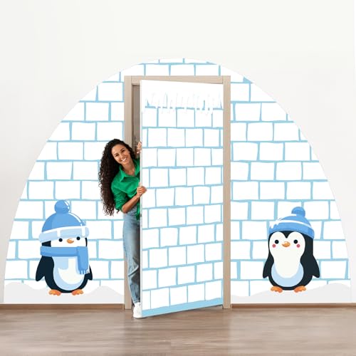 Hahafelt 4 Pcs Winter Igloo Door Decorations Penguins Door Backdrop Classroom Decor Photo Props Decoration for Home School Winter Holiday Party Decor