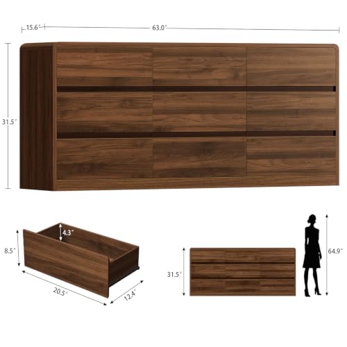 Image of TEENFON 9 Drawer Dresser for Bedroom, 63 inch Wide Dressers & Chest of Drawers with Curved Profile Design, Wood Closet Storage Dressers Organizer for Bedroom, Living Room, Walnut
